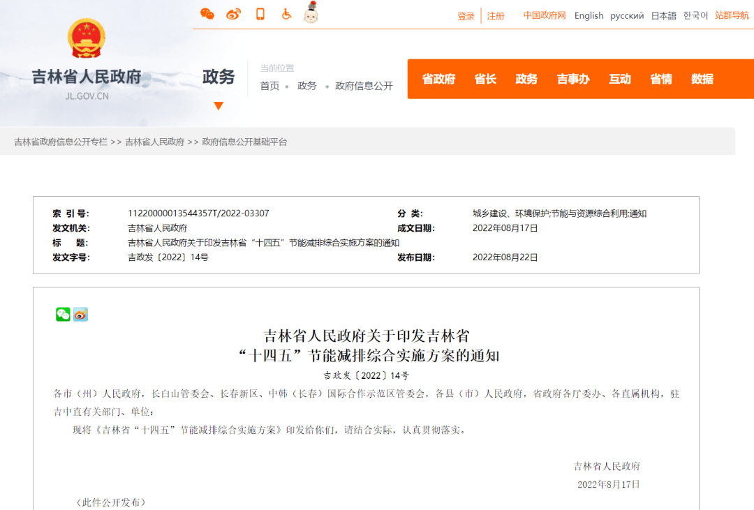 吉林省人民政府关于印发吉亿博电竞 亿博官网林省“十四五”节能减排综合实施方案的通知(图1)