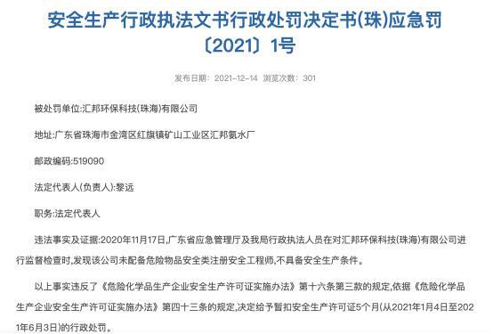 汇邦环保科技(珠海)有限公司因不具备安全生产条件被处罚亿博电竞 亿博官网(图1)